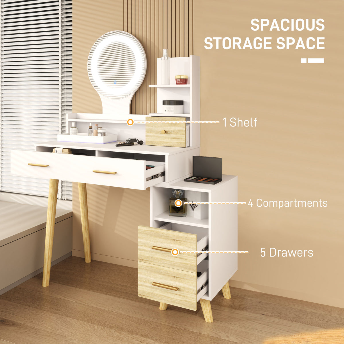 White dressing table with open shelves, five drawers and wood-grain fronts