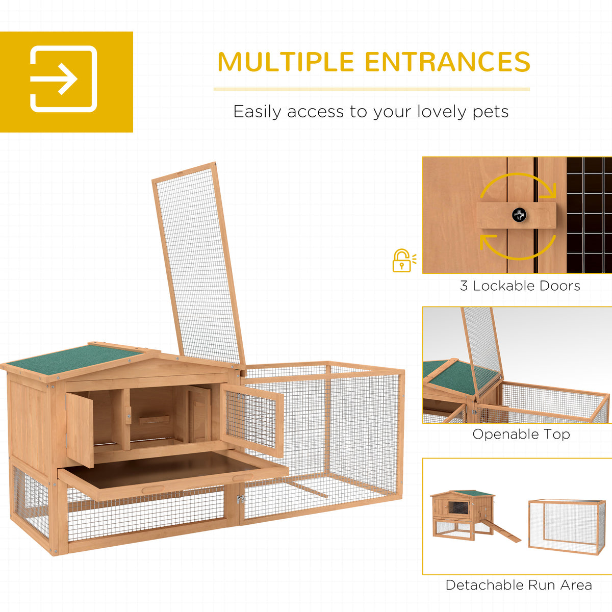 Wooden rabbit hutch with open doors, raised top, and detachable run