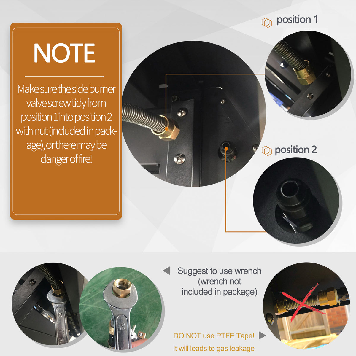 Gas BBQ grill burner connection detail with hose and fitting assembly instructions