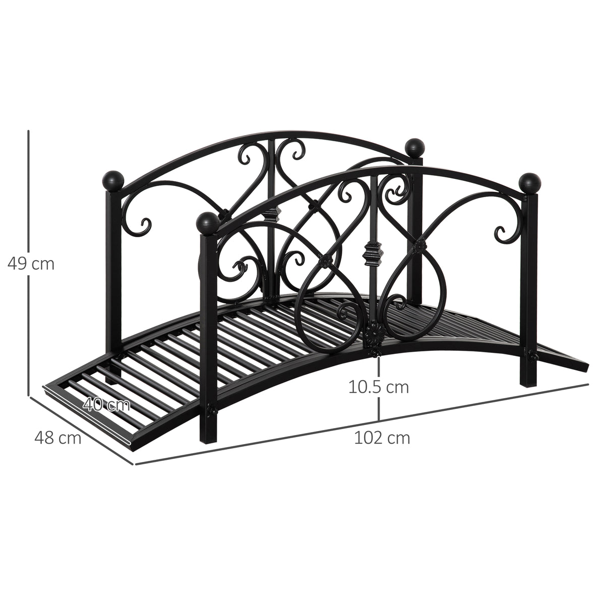 Black metal garden bridge with arched deck and railings, shown with 102 cm length dimensions