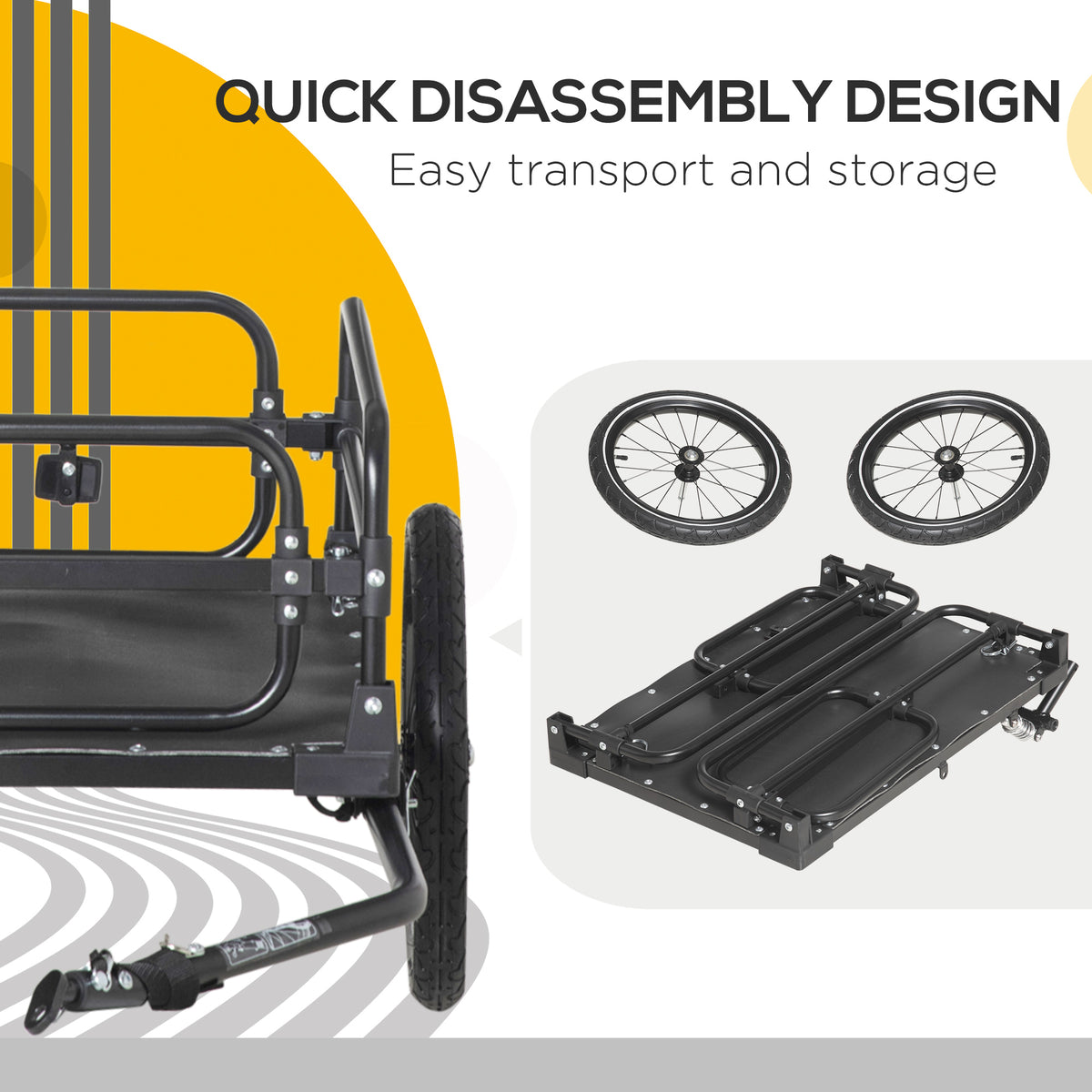 HOMCOM bicycle trailer disassembled, with wheels, frame, and hitch separated for storage