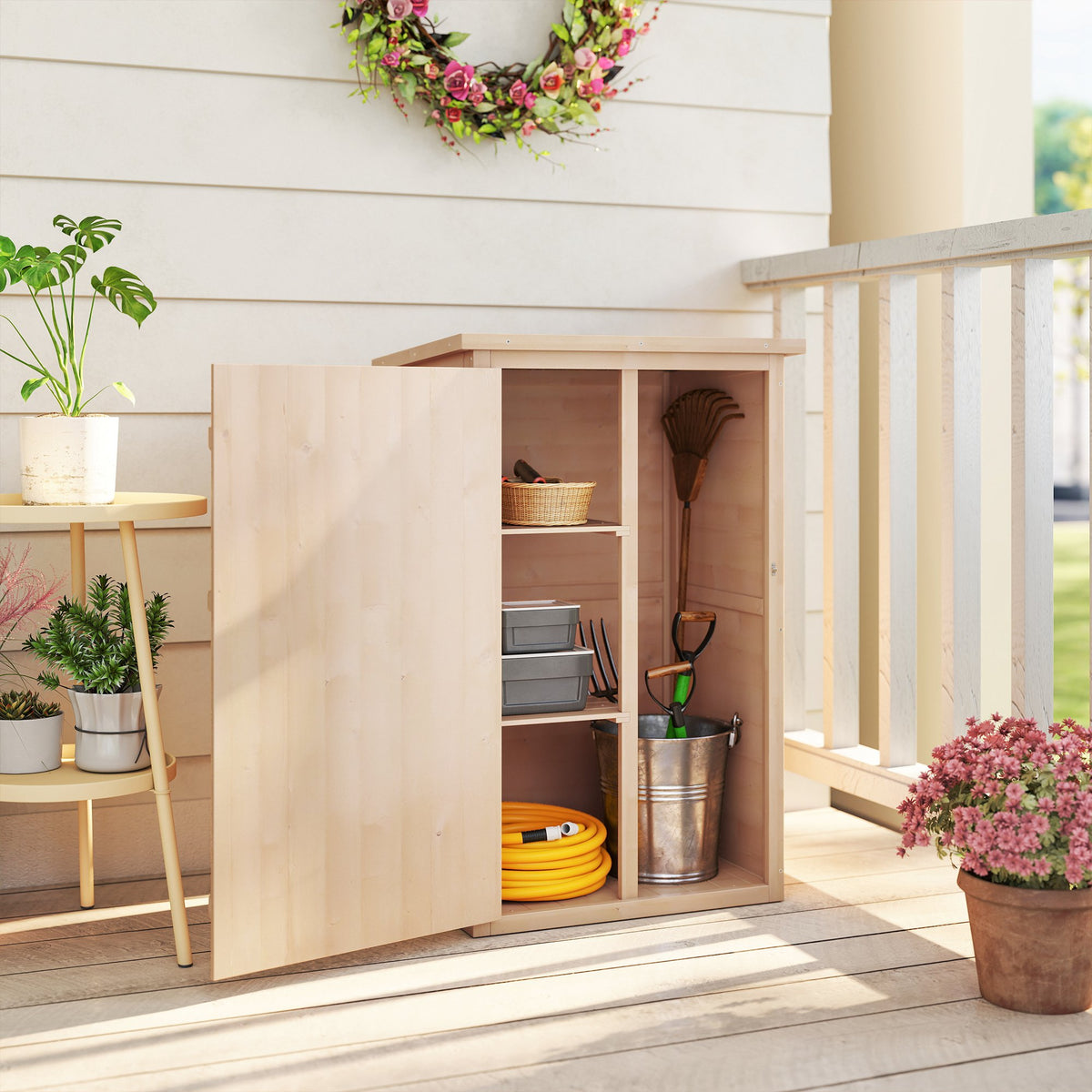Outsunny wooden garden shed with open doors, shelves, and storage for garden tools