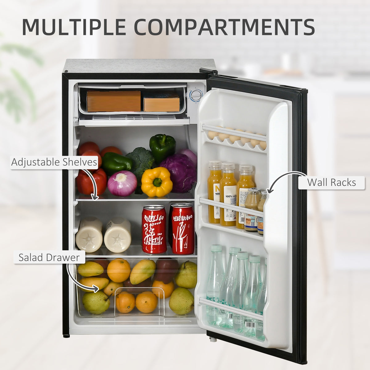 Open HOMCOM mini refrigerator with chiller box, adjustable shelves, salad drawer and door racks.