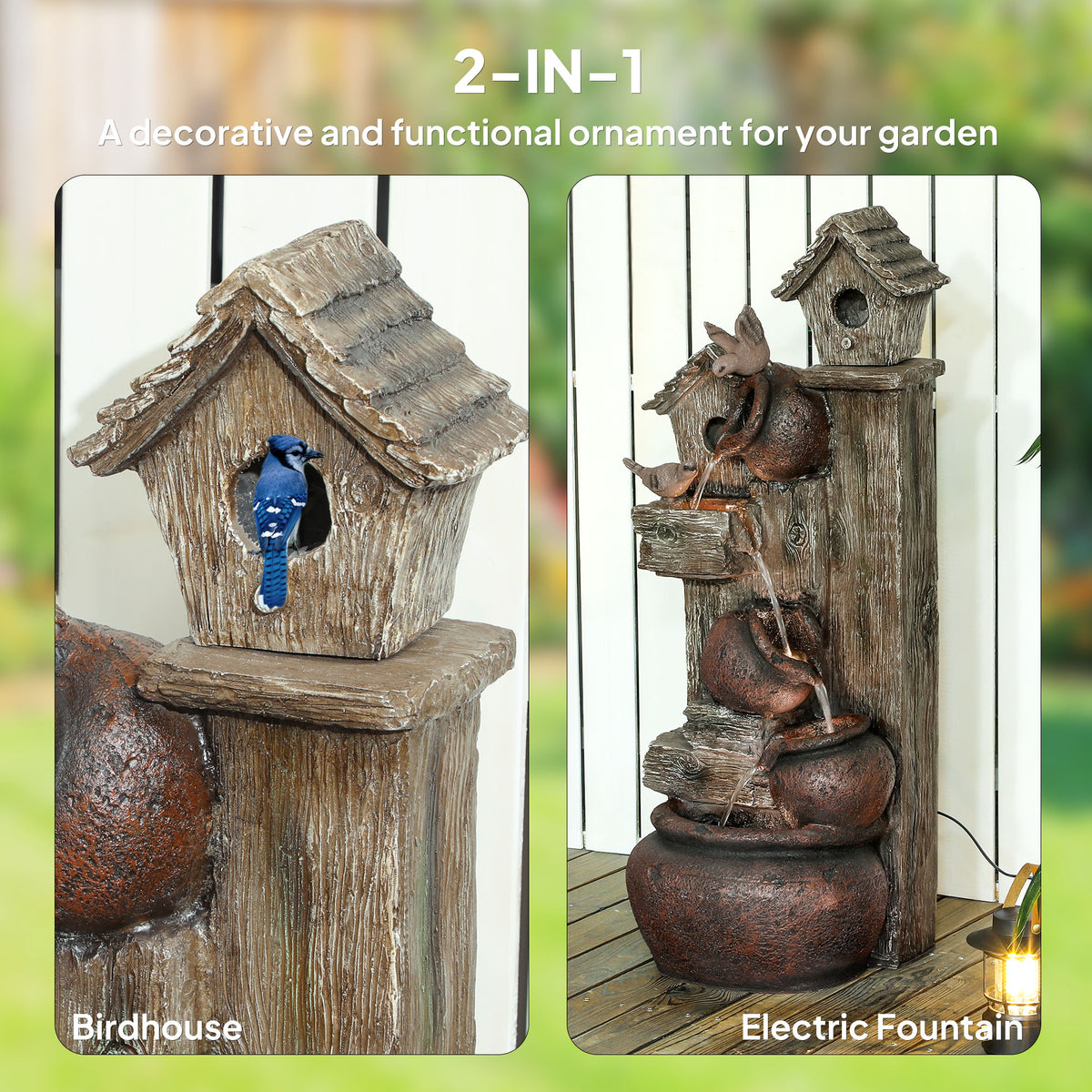 Outsunny 2-in-1 fountain and birdhouse, with a close view of the birdhouse opening
