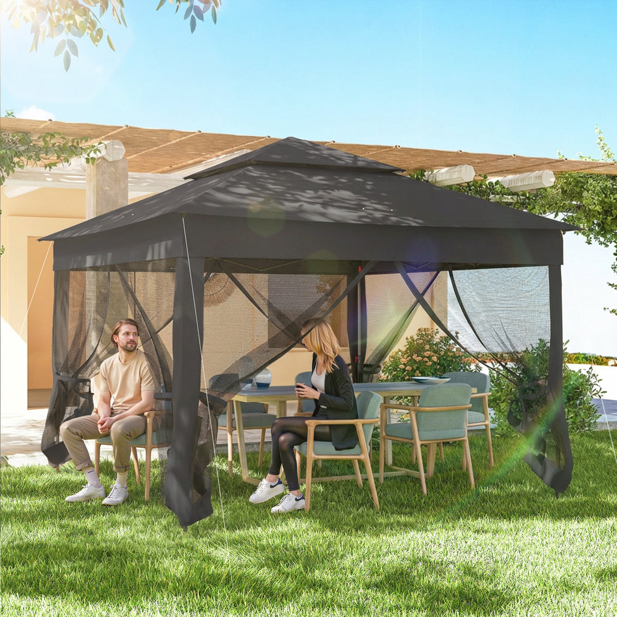 Outsunny 3 x 3(m) Pop Up Gazebo, Double-roof Garden Tent with Netting and Carry Bag, Party Event Shelter, Black