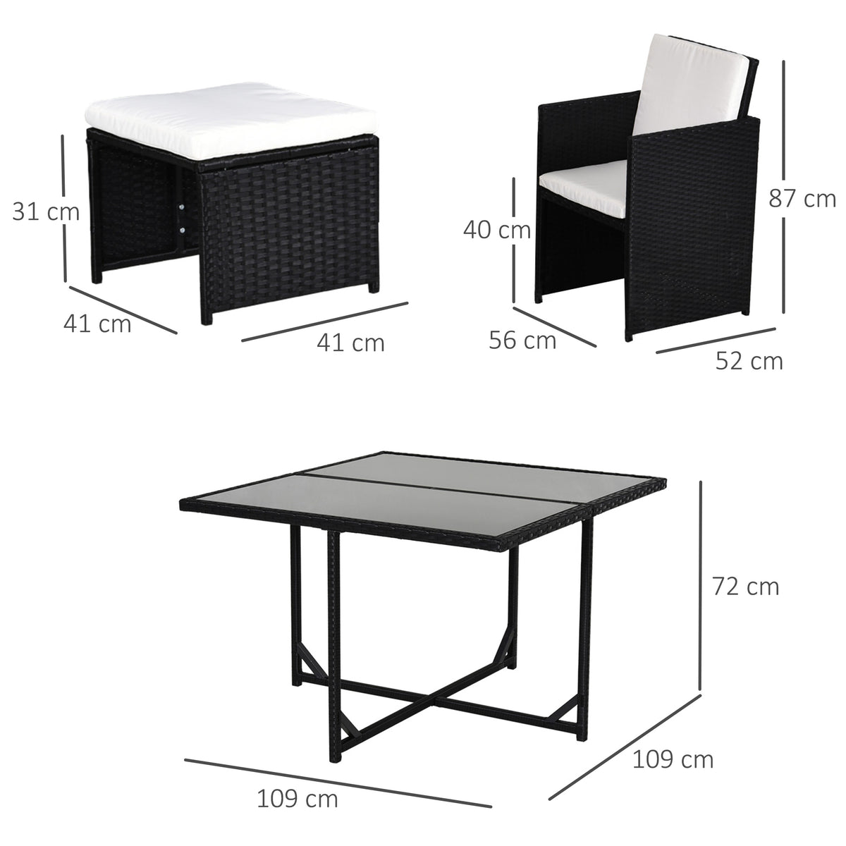 Outsunny 9 Piece Rattan Cube Garden Furniture Dining Set with Armchairs, Footstools and Glass-Top Table, Black