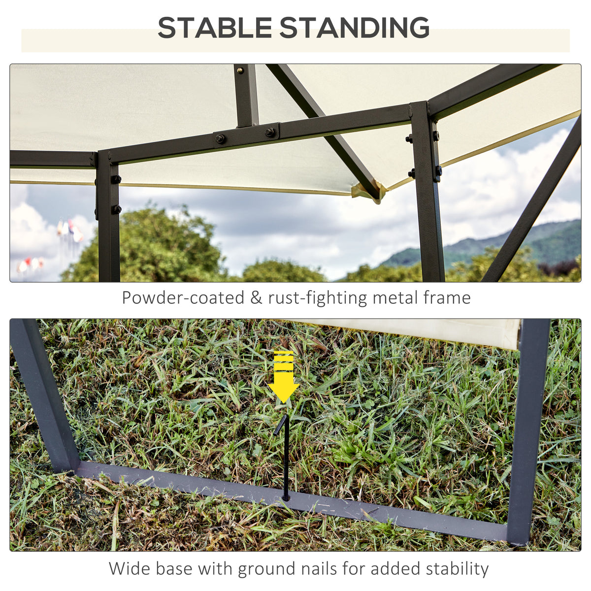 Outsunny gazebo metal frame joints and wide base secured with ground stakes