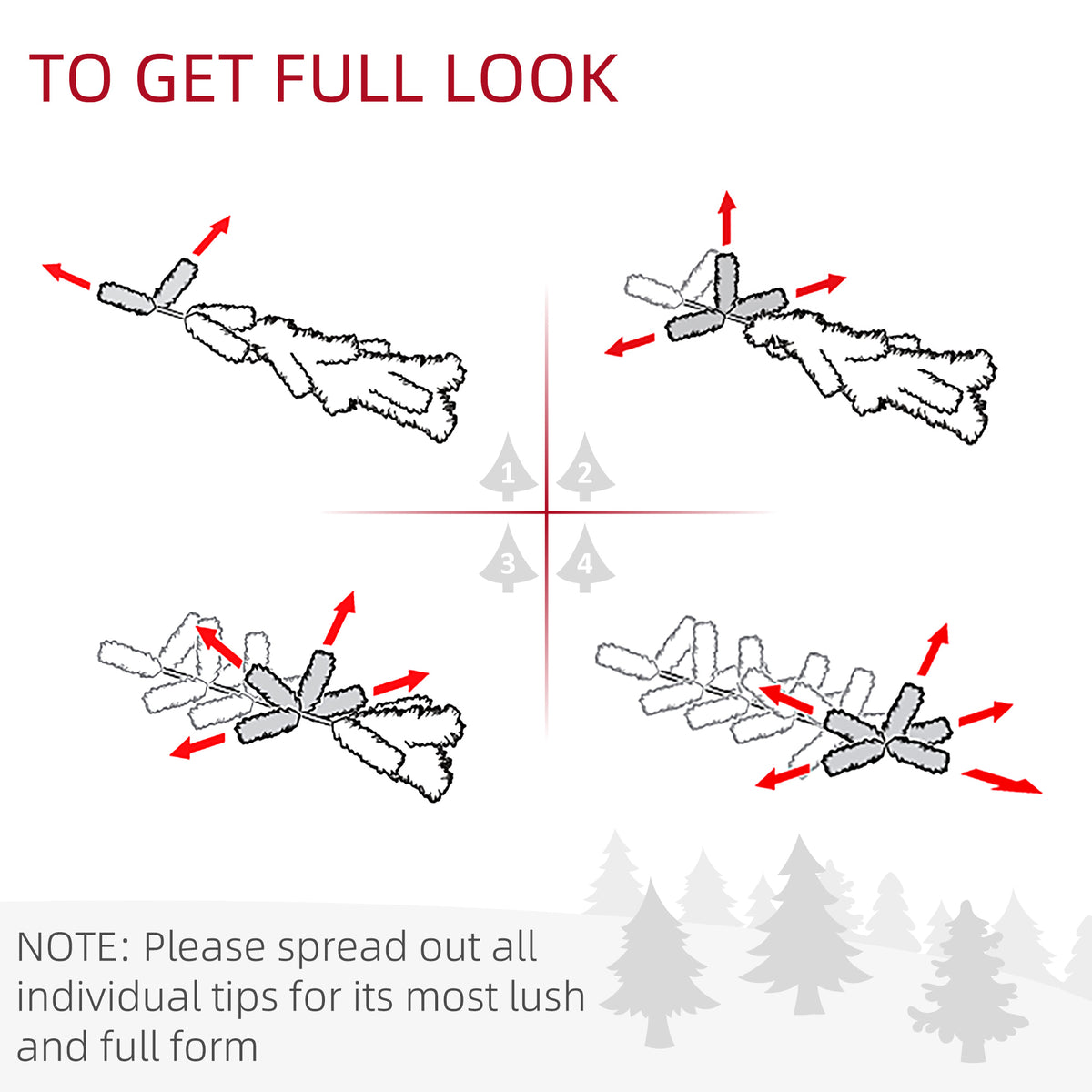 Illustrations show how to spread artificial spruce branch tips for a fuller shape