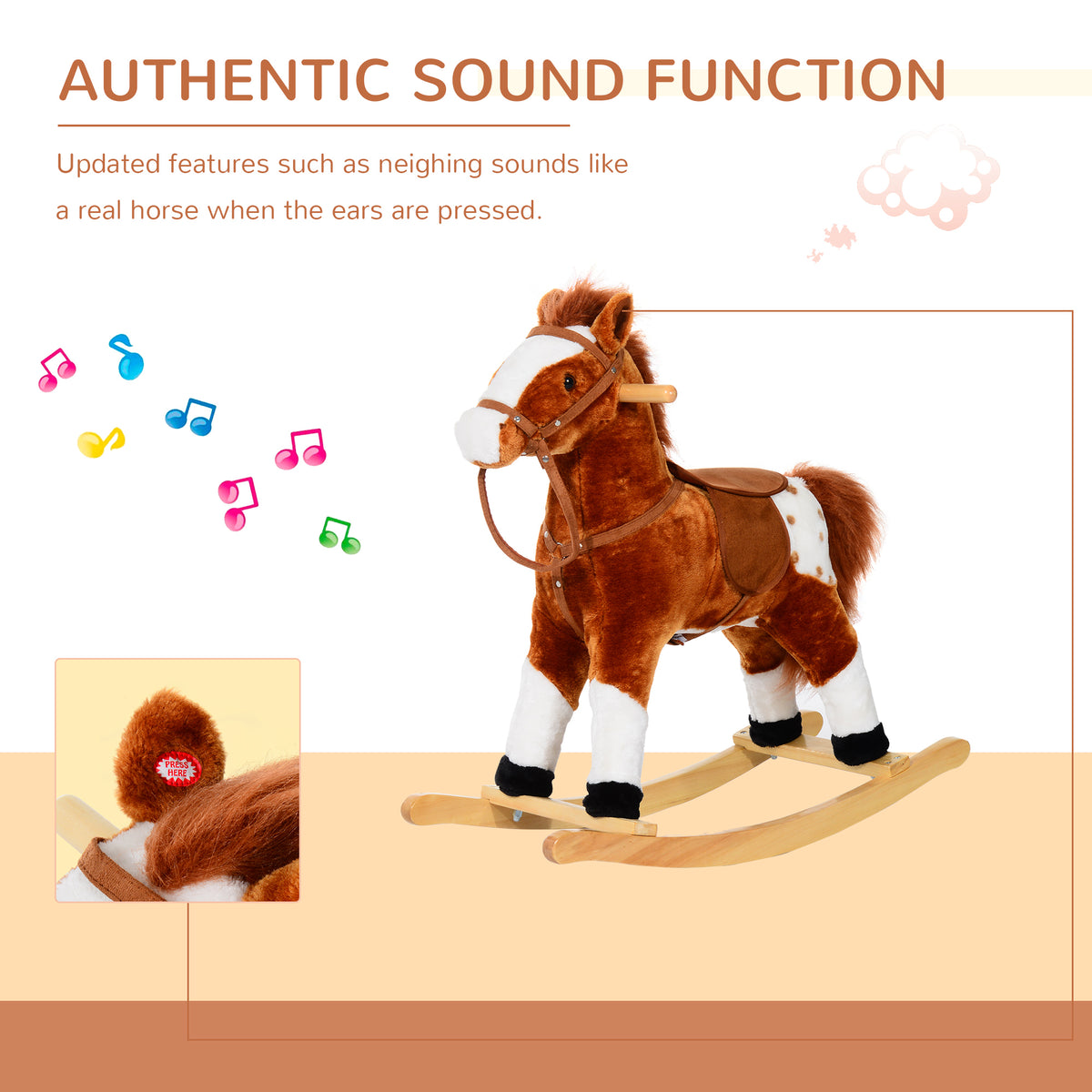 Plush rocking horse with wooden rockers and a close-up of its sound button in the ear