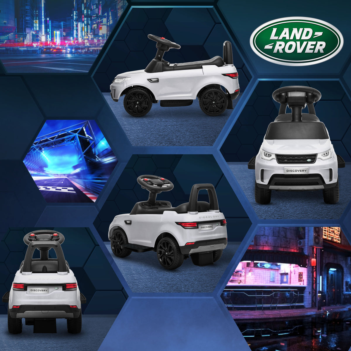 White Land Rover ride-on car shown from front, rear, and side