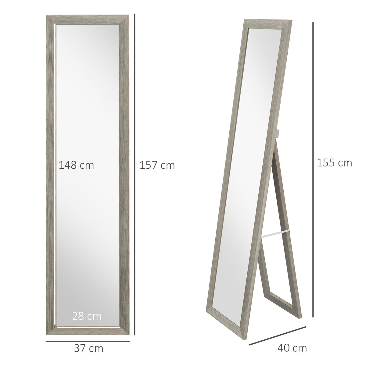 HOMCOM Full Length Mirror, 37 x 157 cm, Hanging or Freestanding, Rectangular Full Body Mirror for Living Room, Bedroom, Grey