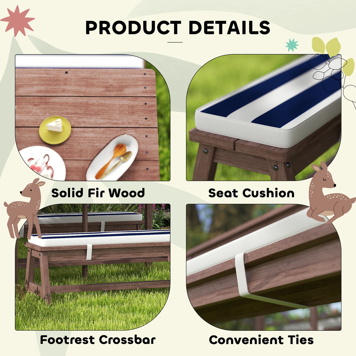 AIYAPLAY picnic set details showing fir wood tabletop, striped seat cushion, footrest, and ties