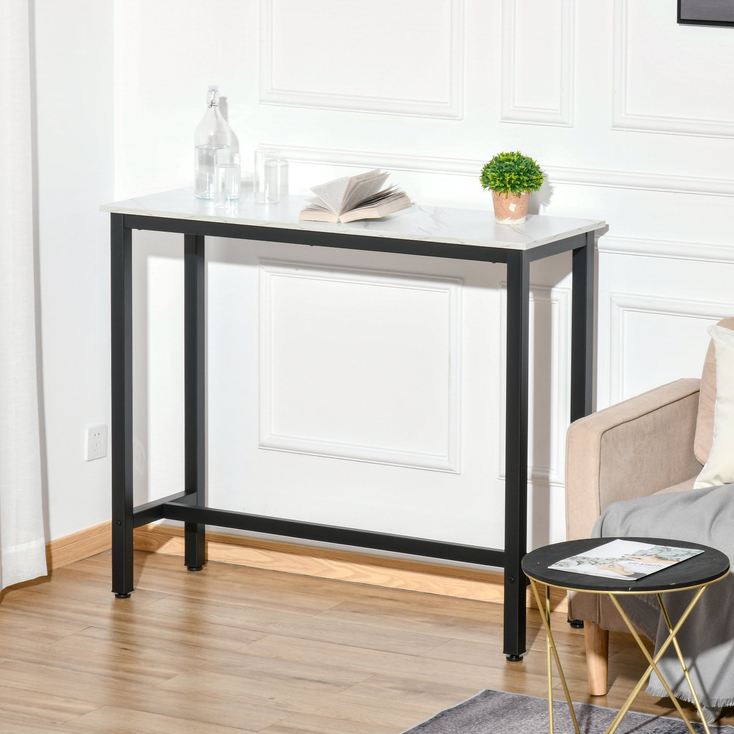 HOMCOM bar table with white marble-effect top and black frame in a living space