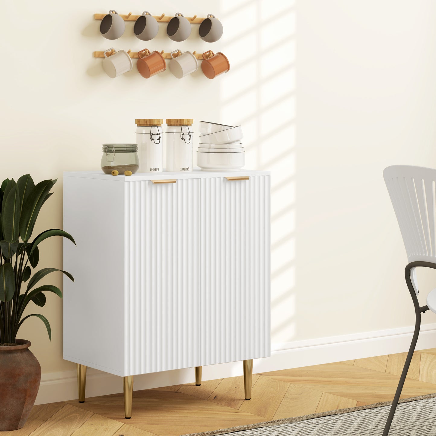 HOMCOM Sideboard Buffet Cabinet, Modern Kitchen Storage Cabinet with Adjustable Shelf and Metal Legs, White
