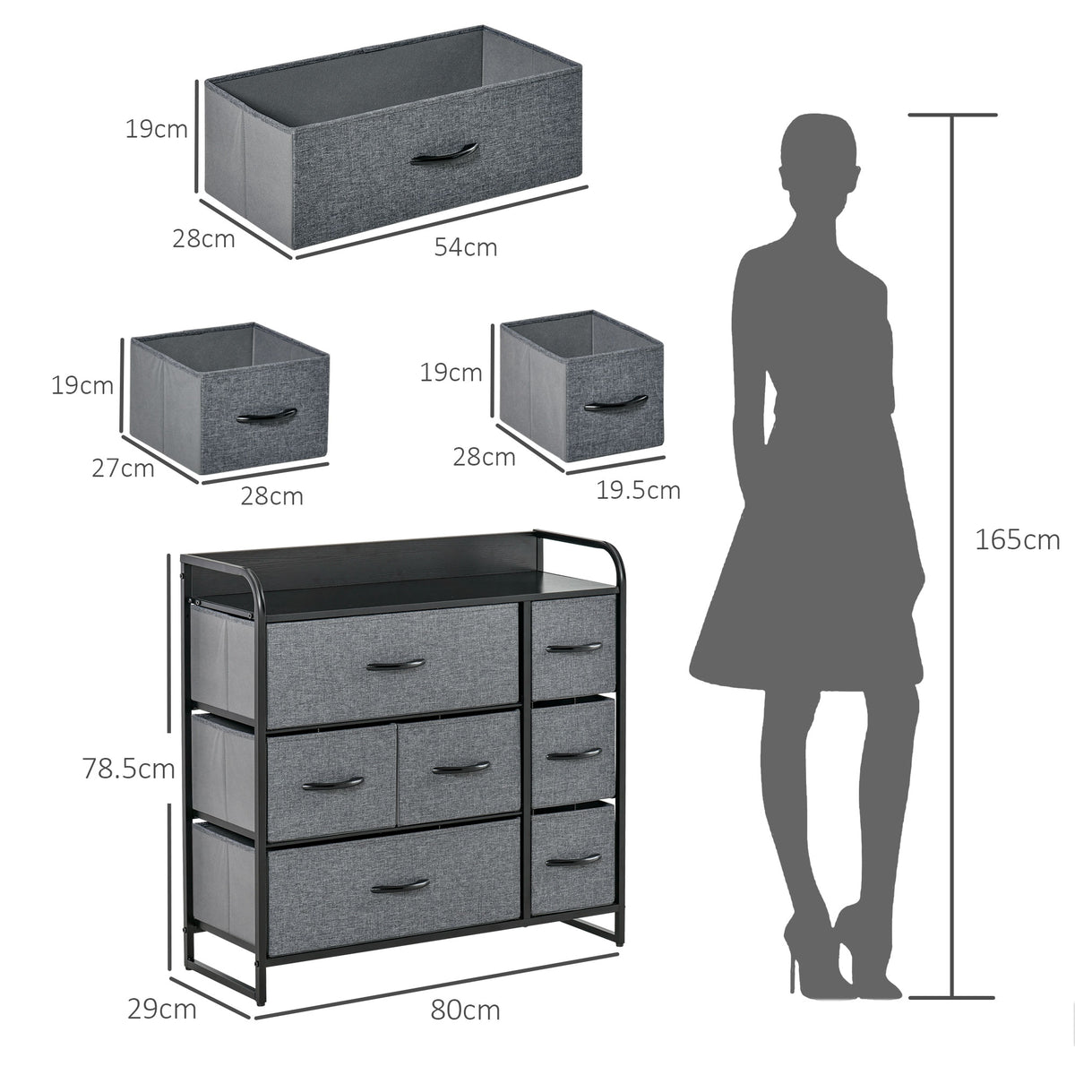 HOMCOM seven-drawer dresser with dimensions and three fabric drawer sizes