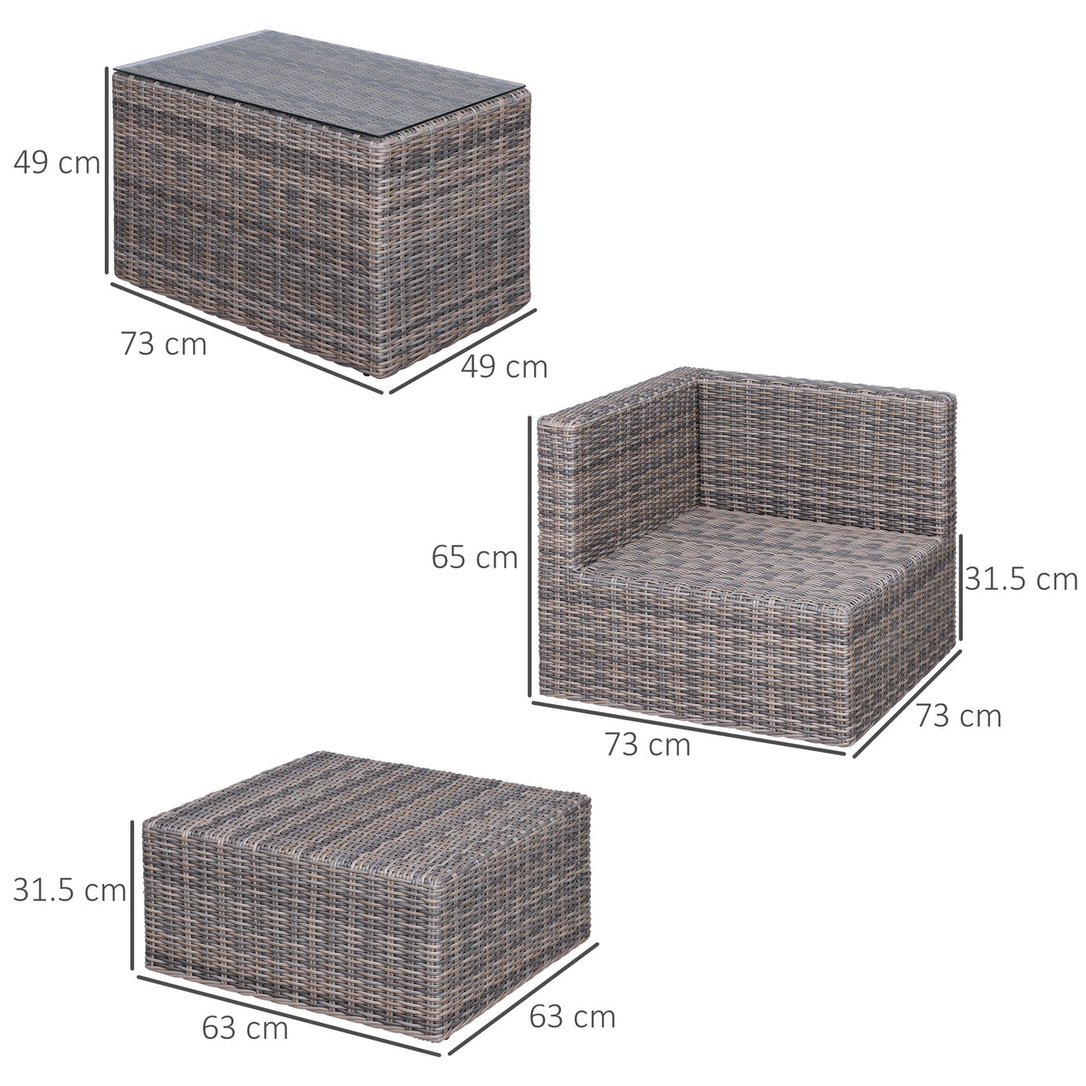 Outsunny rattan patio set components with dimensions for a corner seat, ottoman and table
