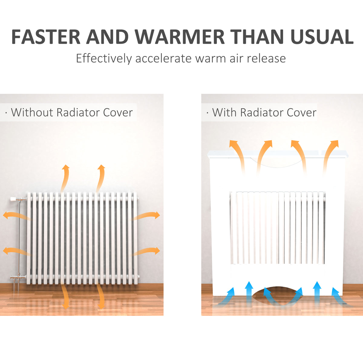 Radiator cover cabinet shown directing warm air through its slatted front and lower opening
