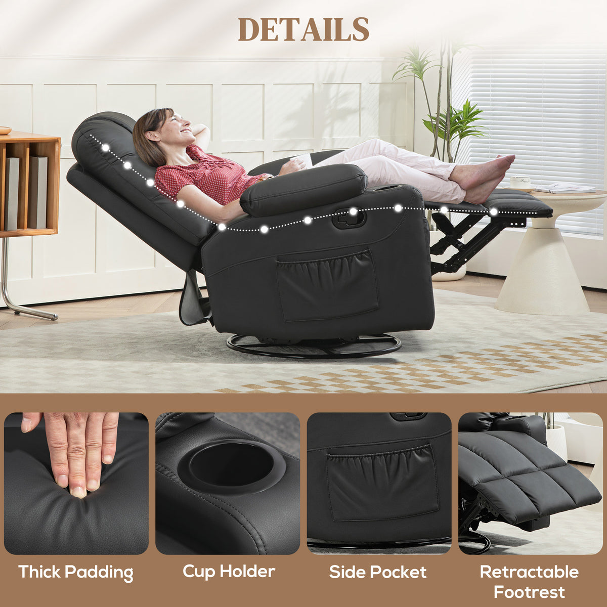 HOMCOM recliner with footrest extended, cup holder, side pocket, and thick padding