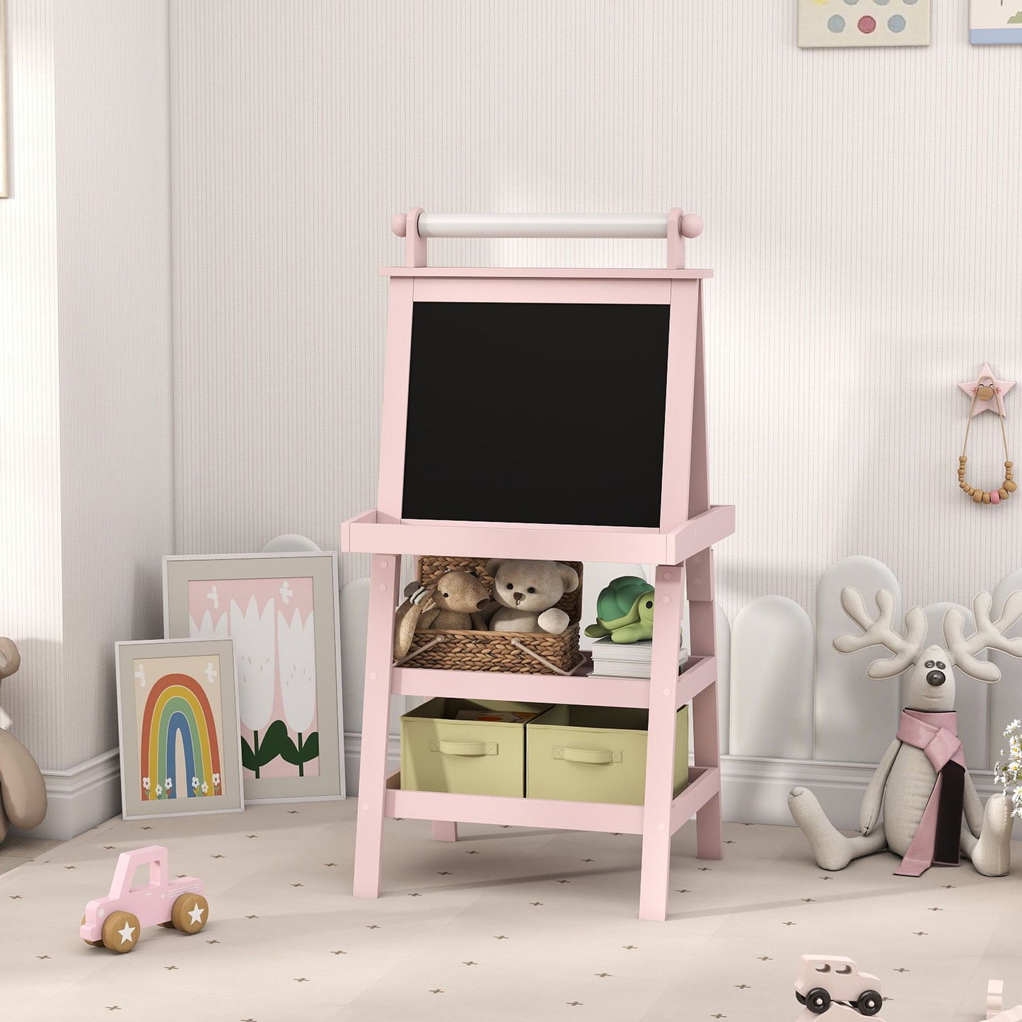 AIYAPLAY 3 in 1 Kids Easel Double-Sided Magnetic Whiteboard and Chalkboard with Paper Roll, Storage Baskets - Pink