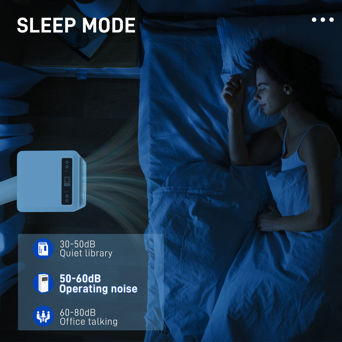 HOMCOM portable air conditioner in sleep mode with quiet operation rating graphic