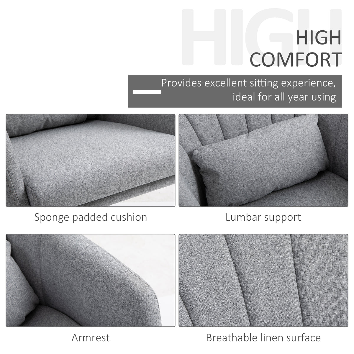 Light gray chair detail showing padded seat, lumbar cushion, armrest and linen upholstery