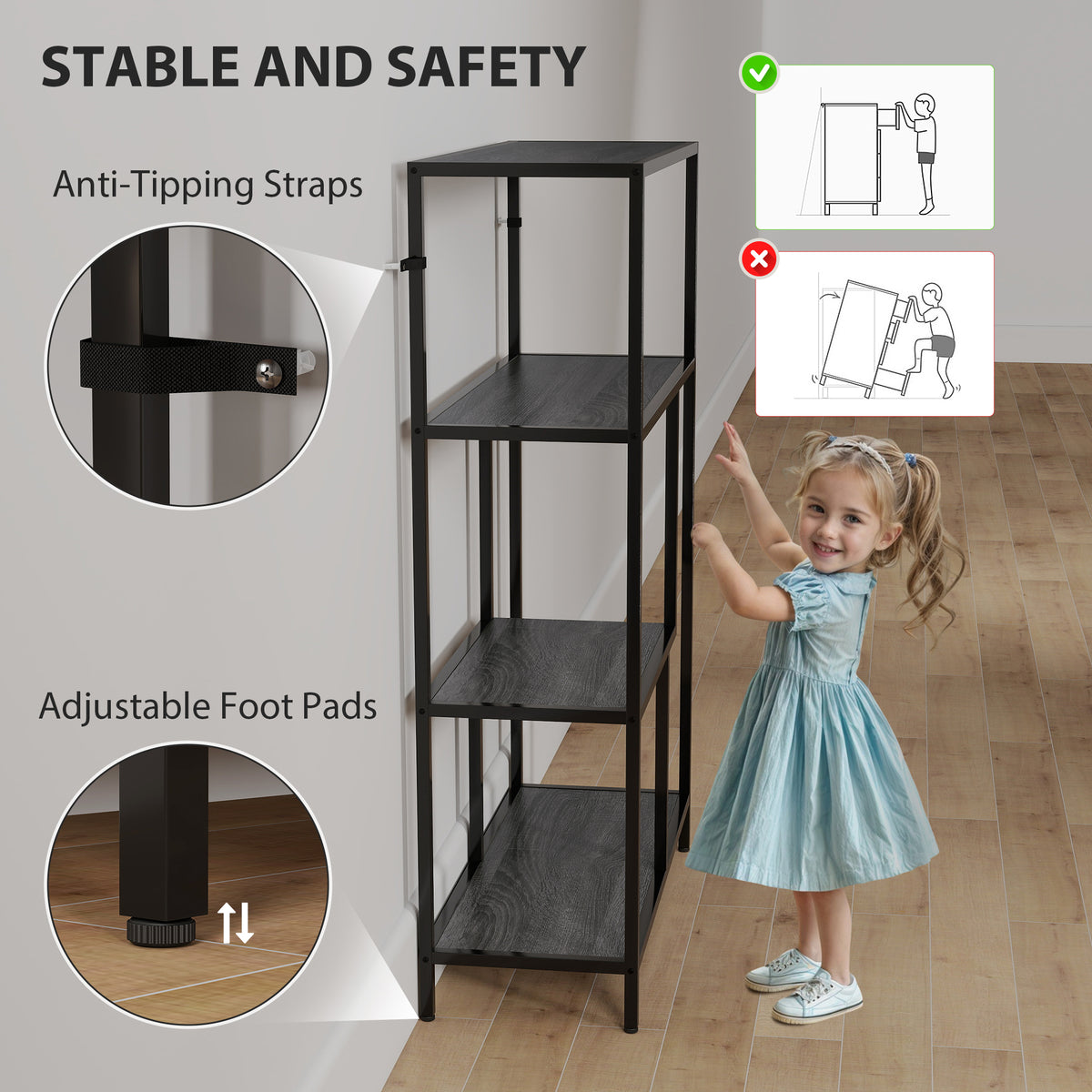 HOMCOM 4-Tier Bookshelf with Open Shelves - Charcoal Grey