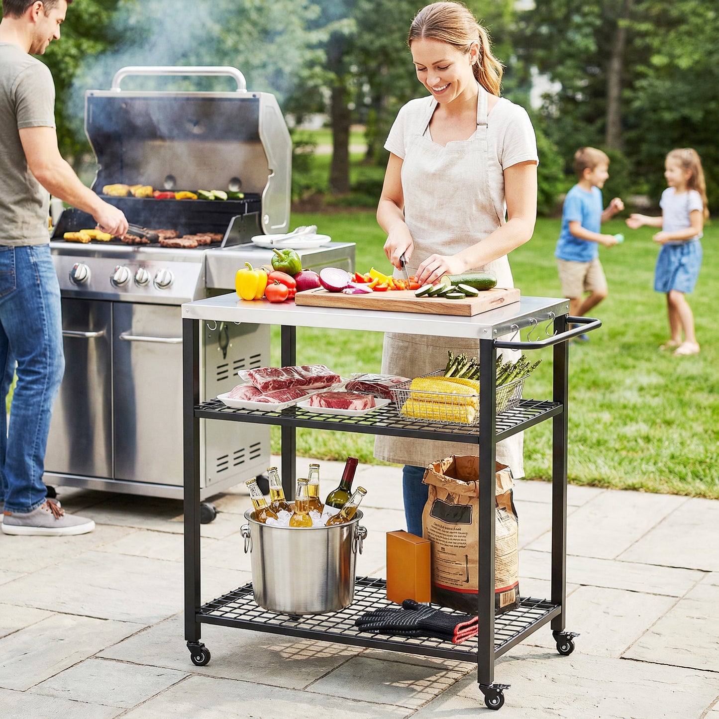 Outsunny Outdoor Grill Cart with Stainless Steel Tabletop, 3-Tier Pizza Oven Stand with 2 Shelves, 6 Hooks, Wheels, Black