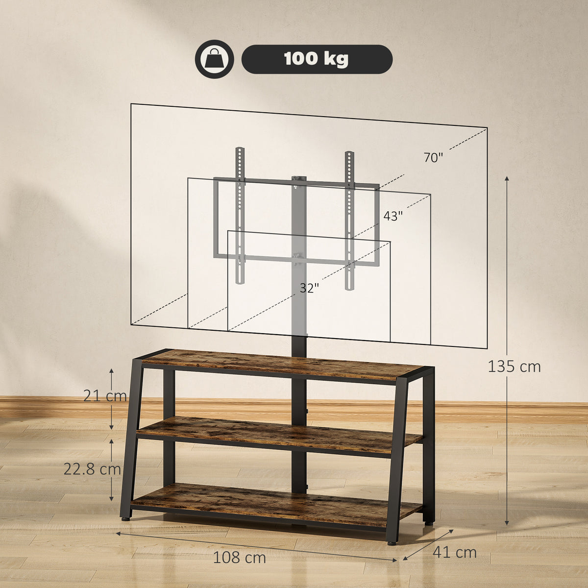 HOMCOM Industrial-Style TV Stand, with 35° Swivel Bracket - Dark Brown