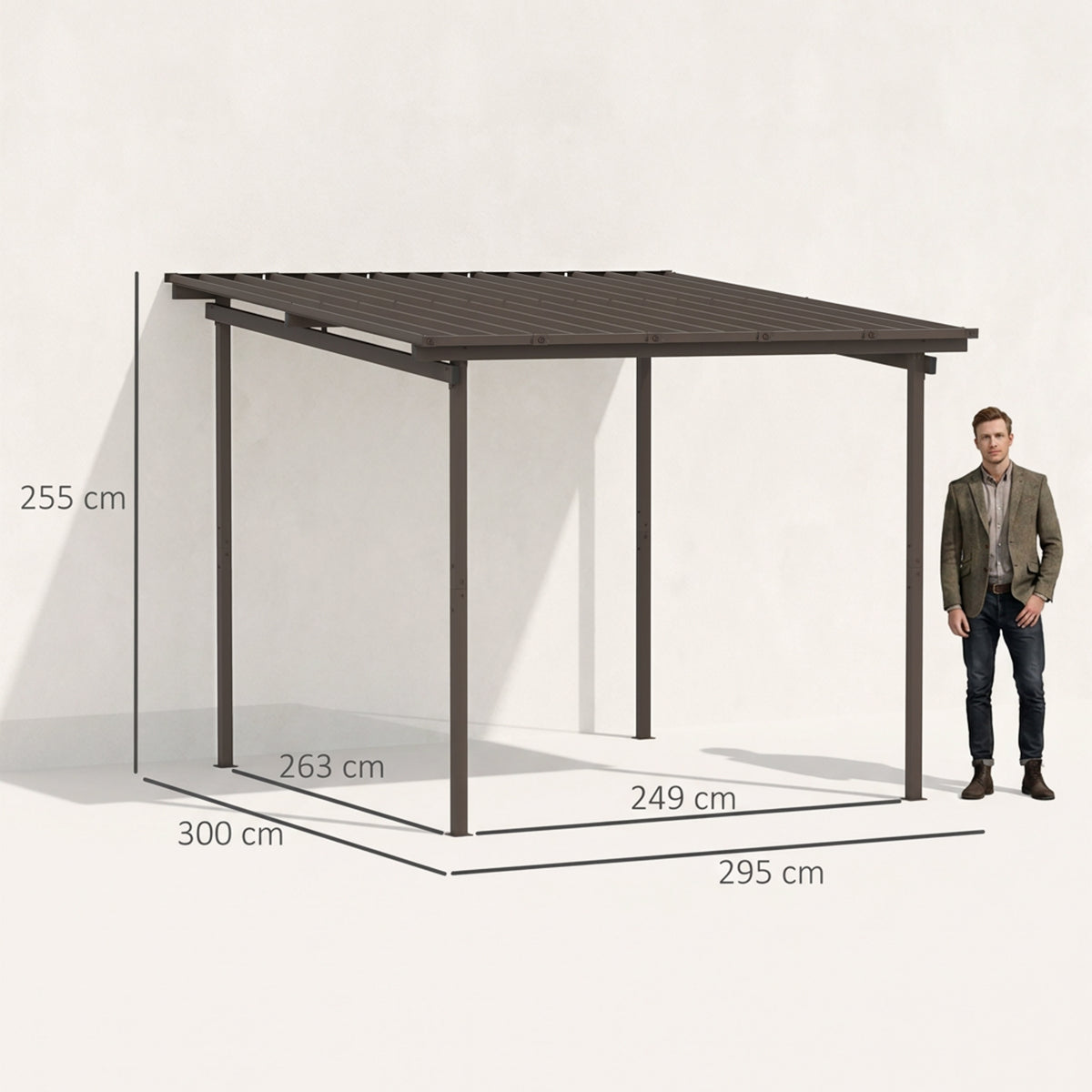 Outsunny lean-to pergola with metal roof, shown with dimensions of about 3 by 3 meters