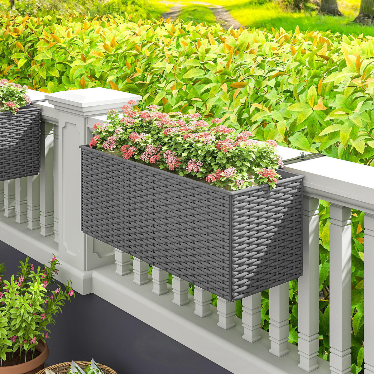 Outsunny Set of Two Rattan-Effect Planters - Grey