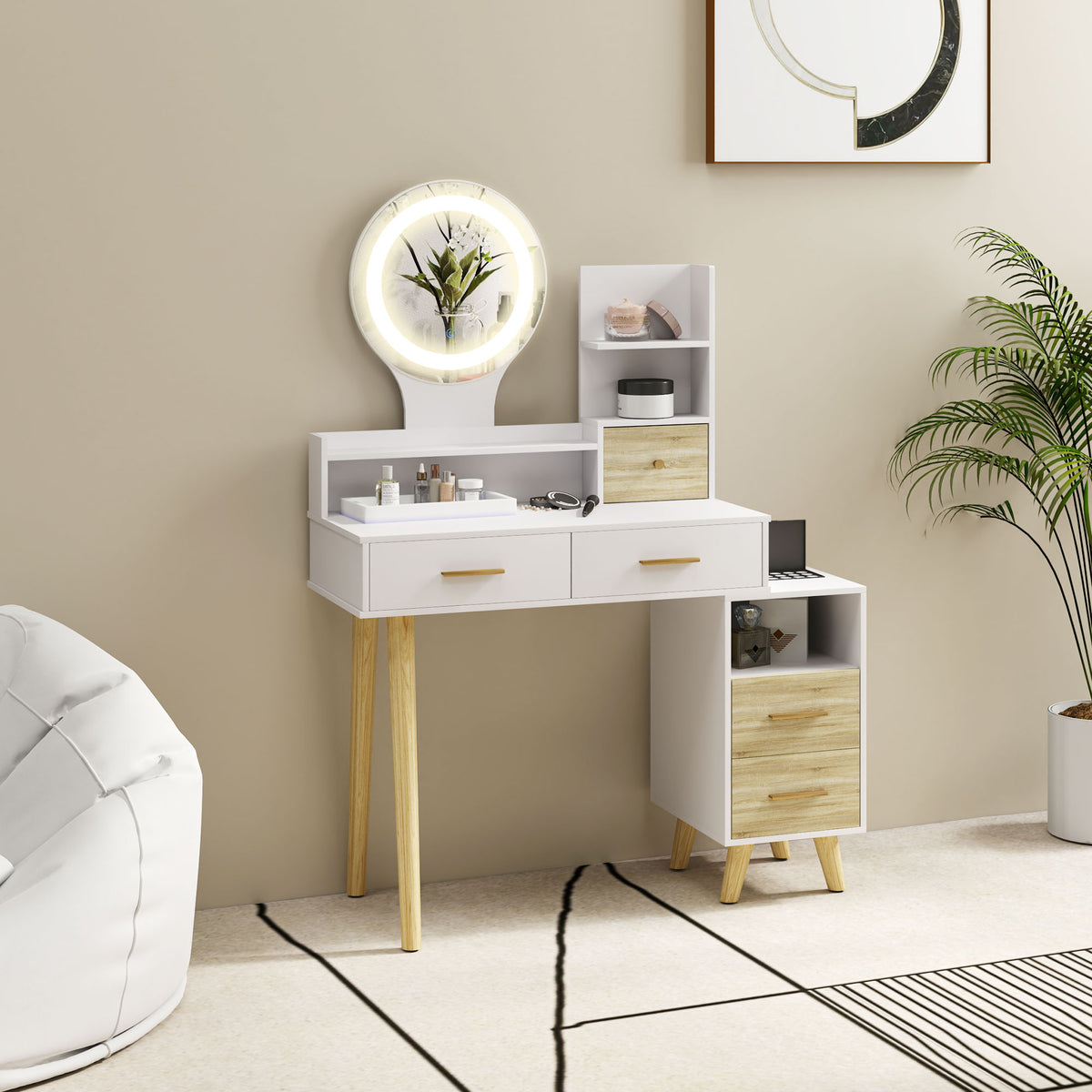 White dressing table with round LED mirror, two drawers and side storage