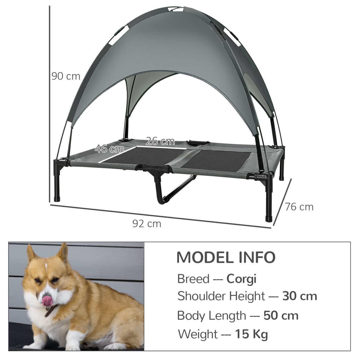 Raised gray dog bed with arched canopy, black mesh panels and metal legs; measures 92 x 76 x 90 cm