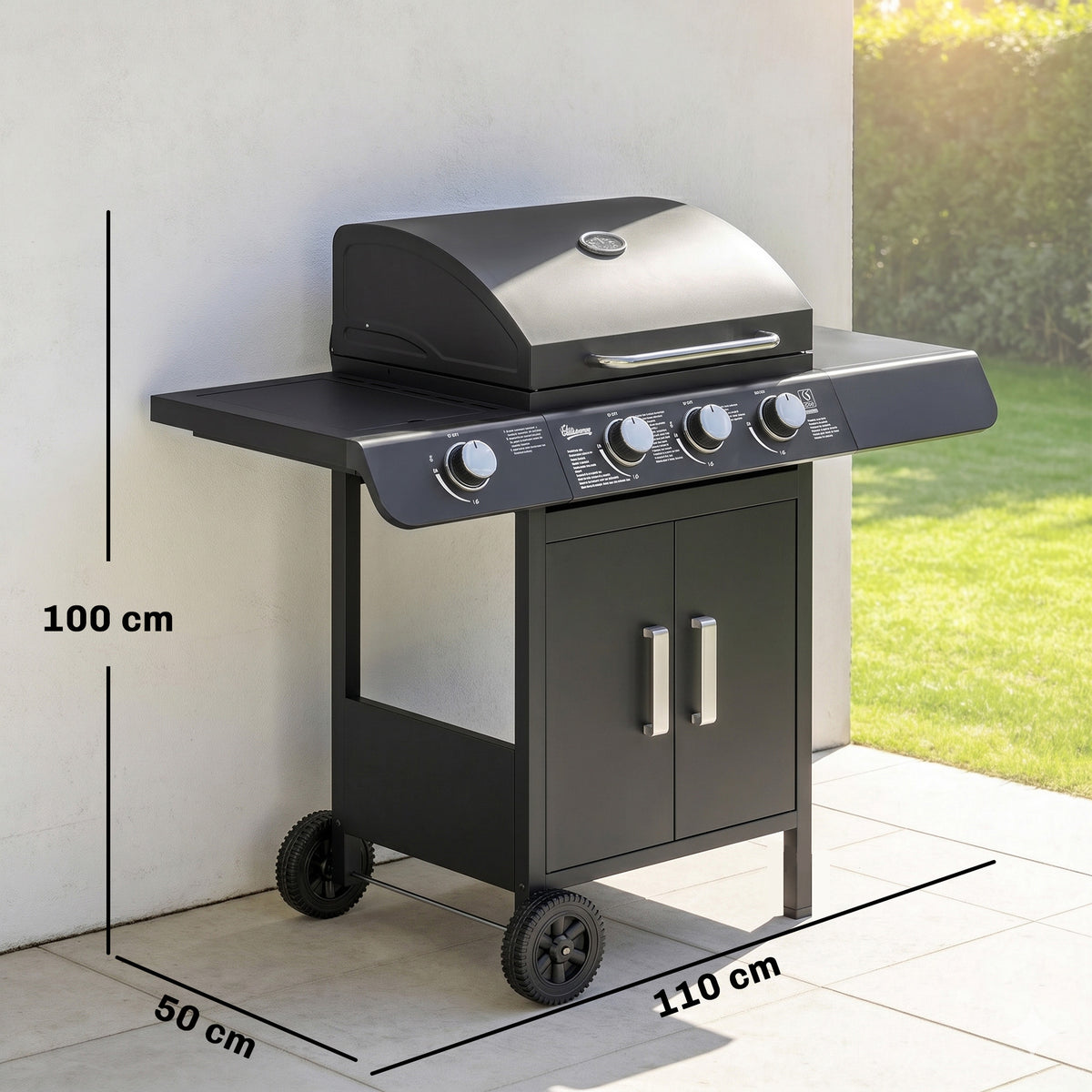 Black gas BBQ grill trolley with closed lid, side shelves, cabinet and wheels; 110 x 50 x 100 cm