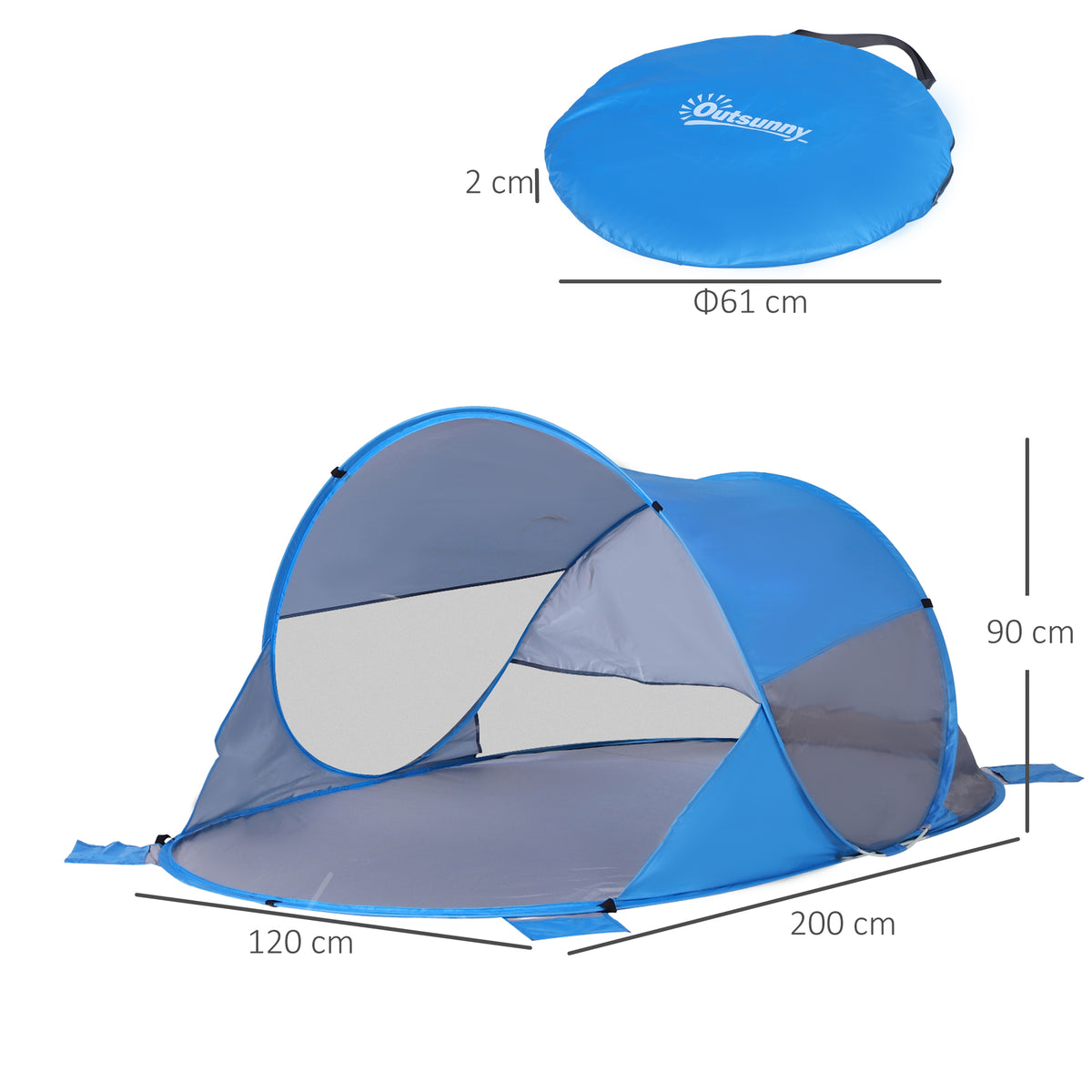 Blue and gray pop-up beach tent with mesh panels, shown open beside its round carrying bag