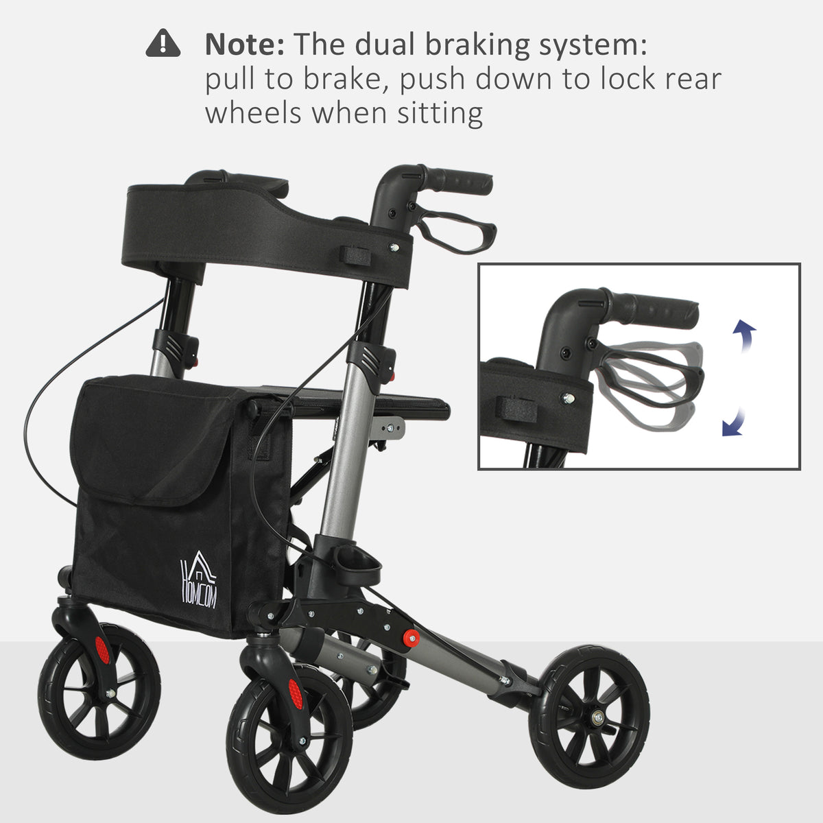 HOMCOM Rollator Walker with Seat, Compact Quick Folding Mobility Walker with 8" Wheels, Carry Bag, Adjustable Height, Cane Holder and Lightweight Aluminium Frame for Seniors and Disabled, Silver
