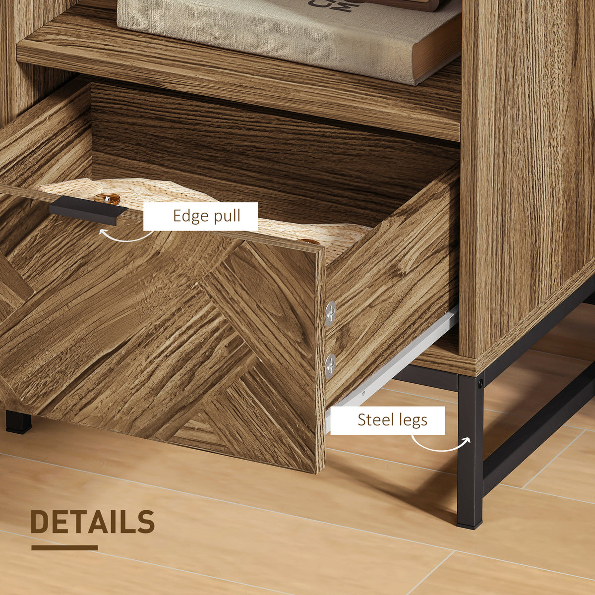HOMCOM bedside table detail showing the drawer edge pull and black steel legs
