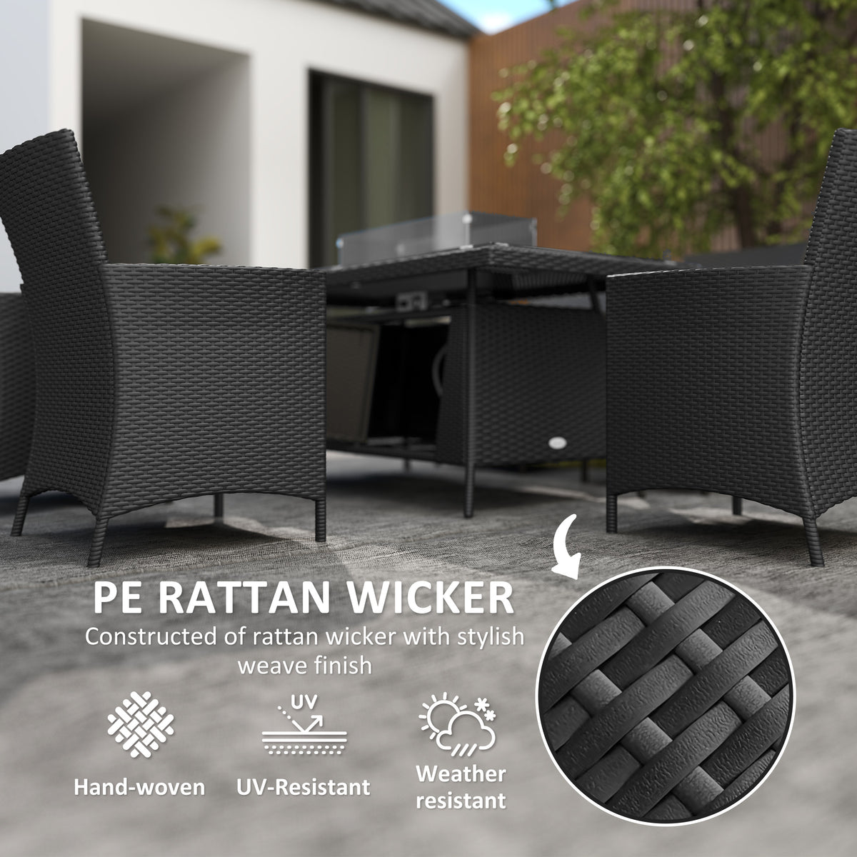 Black hand-woven rattan chairs and fire pit table with weather-resistant weave