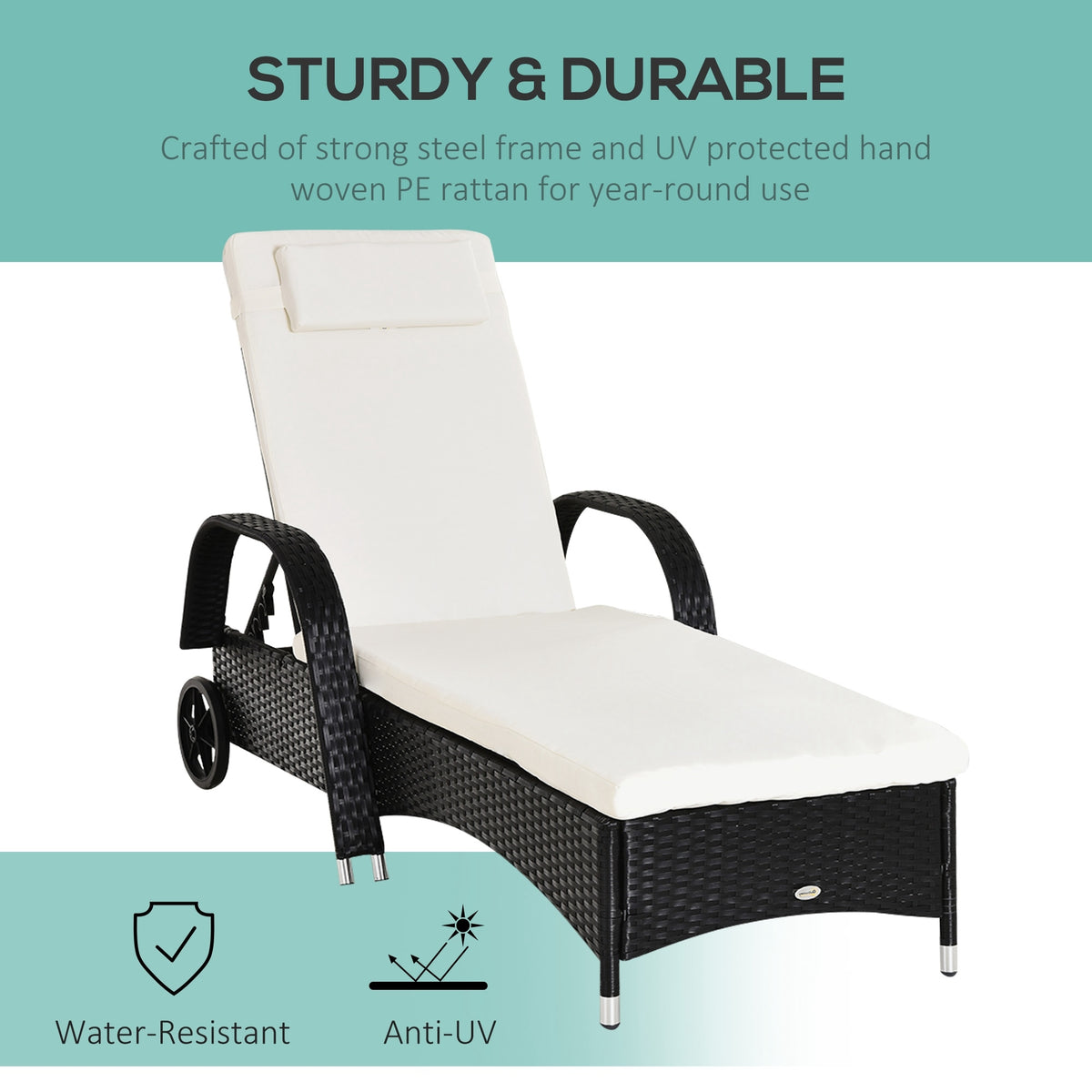 Outsunny sun lounger with black woven frame, cream cushion, headrest and transport wheels