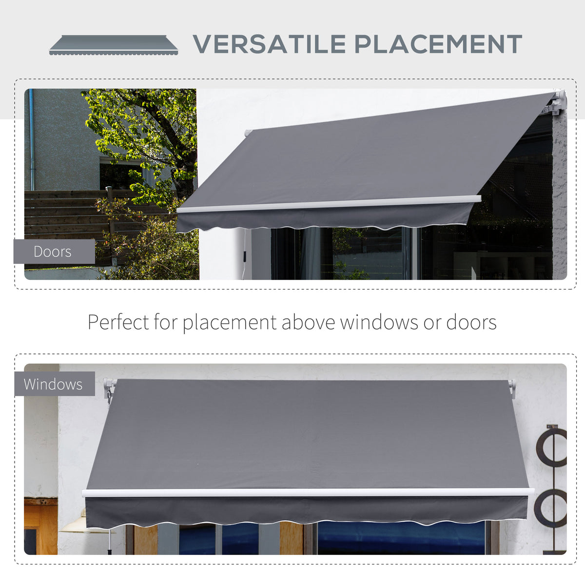 Gray retractable awning shown installed above a door and windows