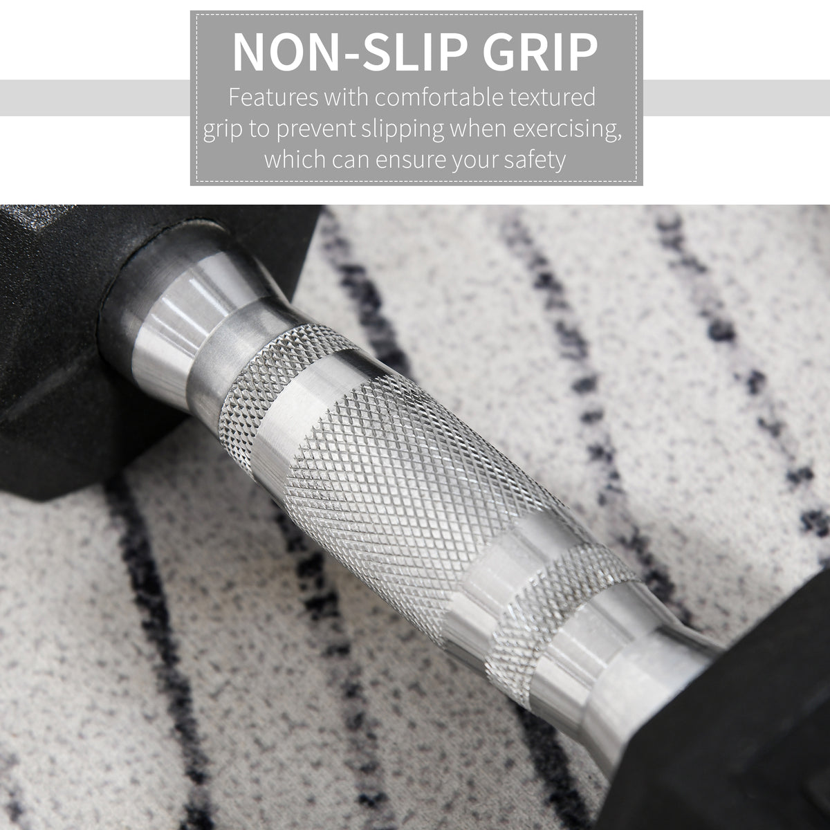 Hex dumbbell with a close-up of its textured metal grip and black rubber head.