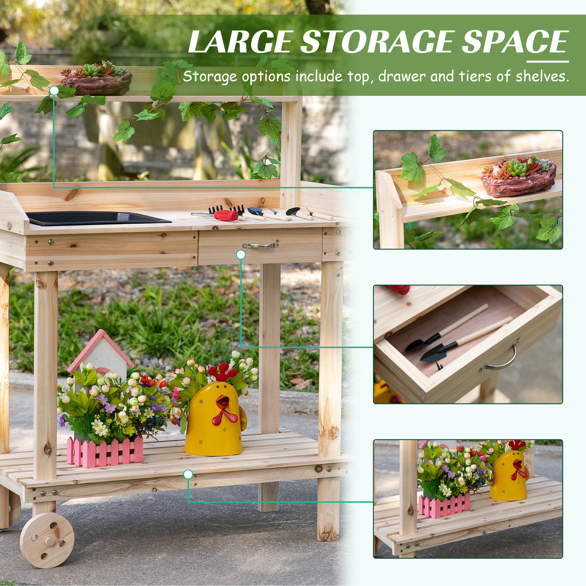 Outsunny wooden potting bench with upper shelf, drawer, and lower storage tier