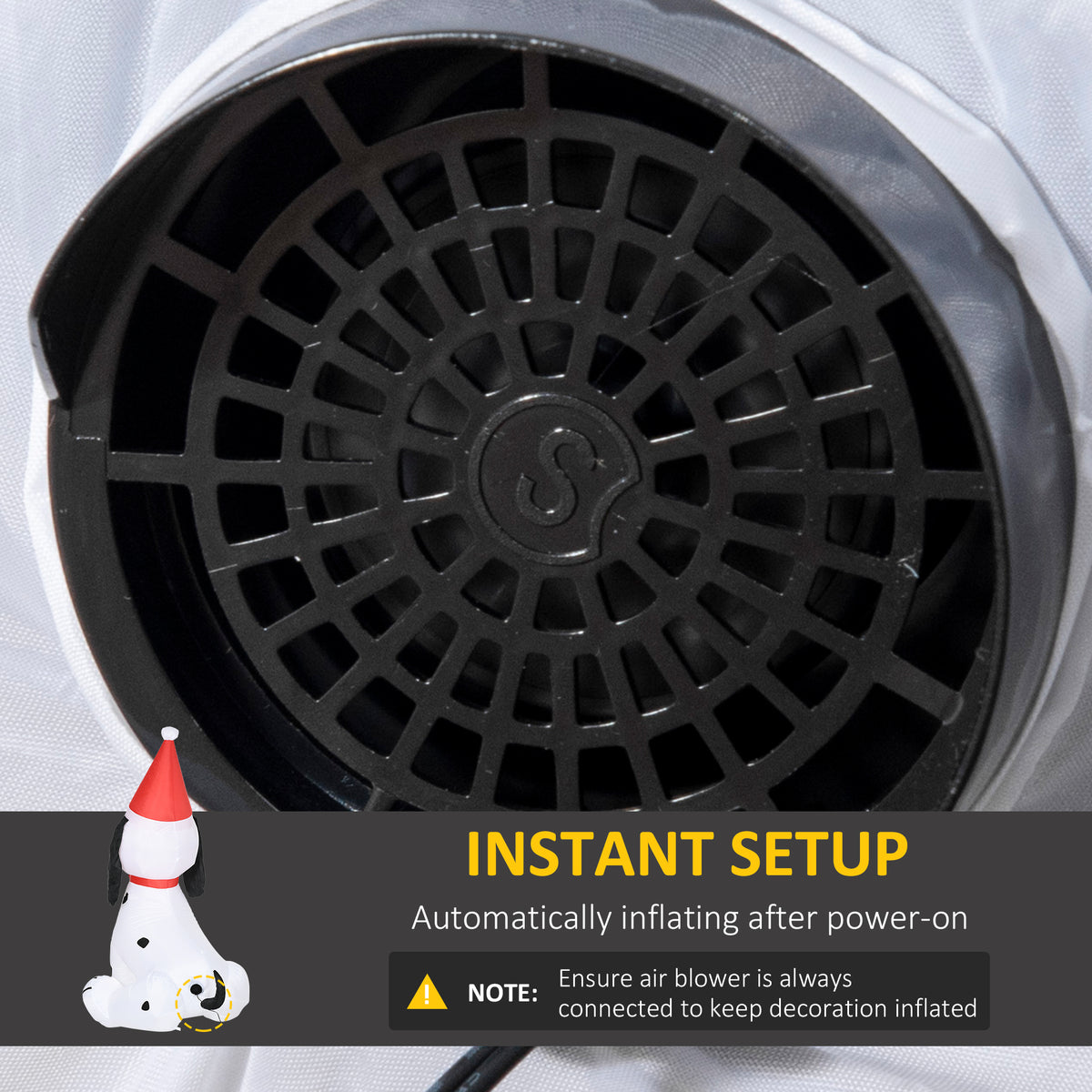 Close-up of the black air blower on the inflatable Christmas puppy.