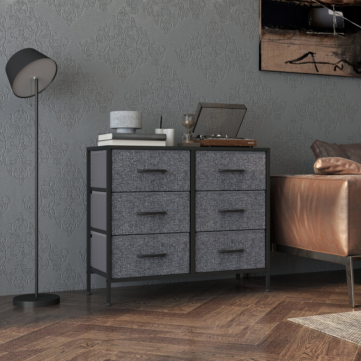 HOMCOM gray fabric dresser with six drawers, steel frame and black top