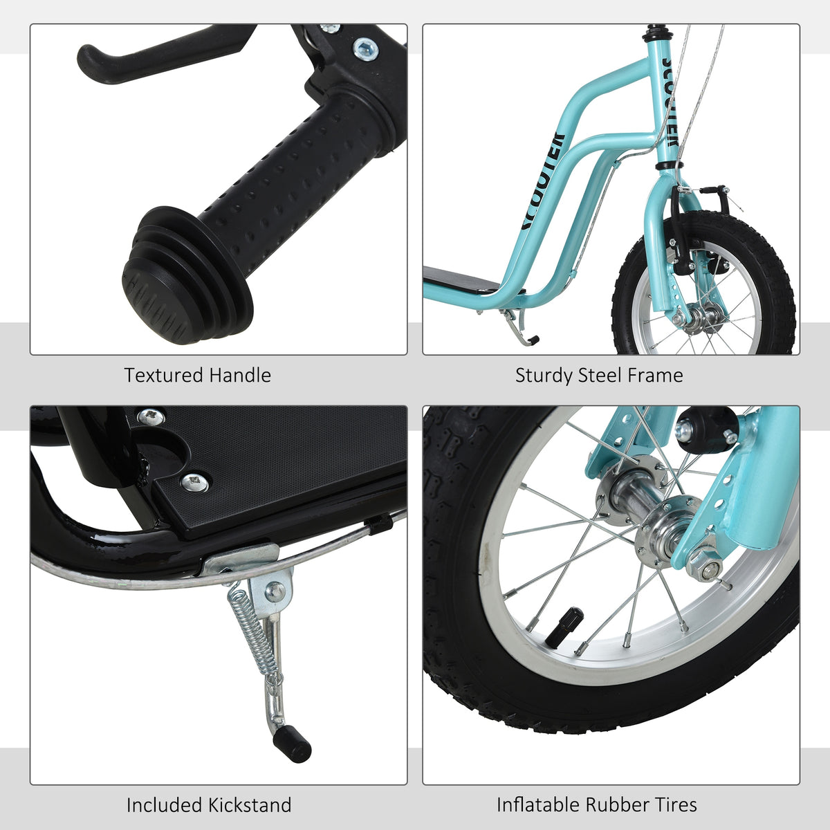 Blue kids' kick scooter details: textured grip, steel frame, kickstand and inflatable tire
