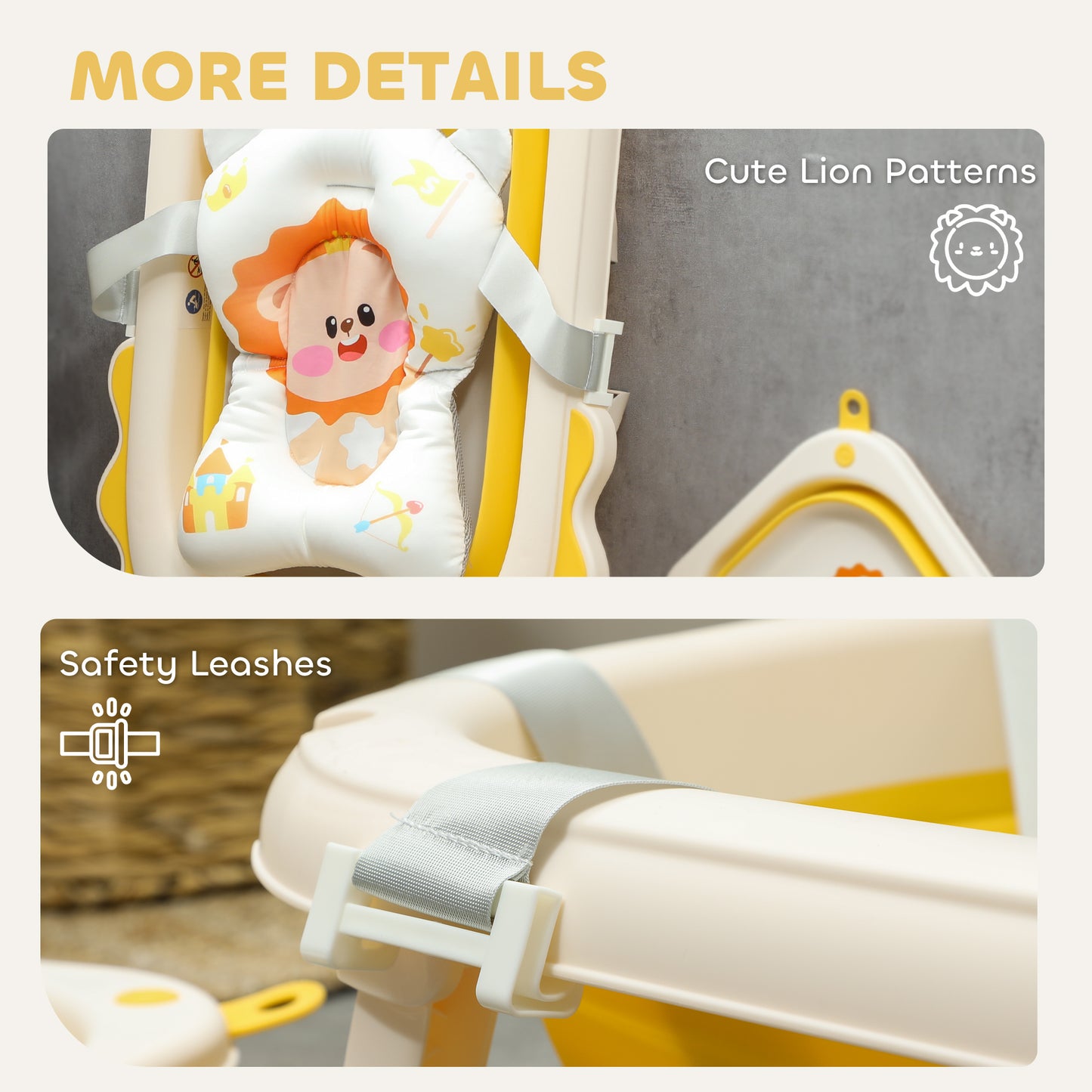 AIYAPLAY Foldable Baby Bath Tub Set with Bath Cushion, Wash Basin, Non-Slip Stand, Bottom, Yellow