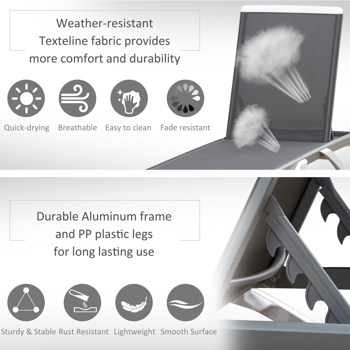 Grey textilene sun lounger with aluminum frame and plastic feet, highlighting fabric and frame features
