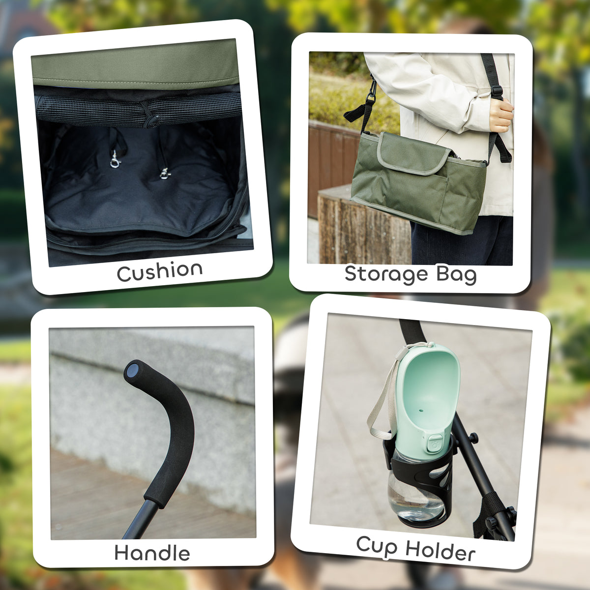PawHut stroller features a padded cushion, storage bag, curved handle and cup holder