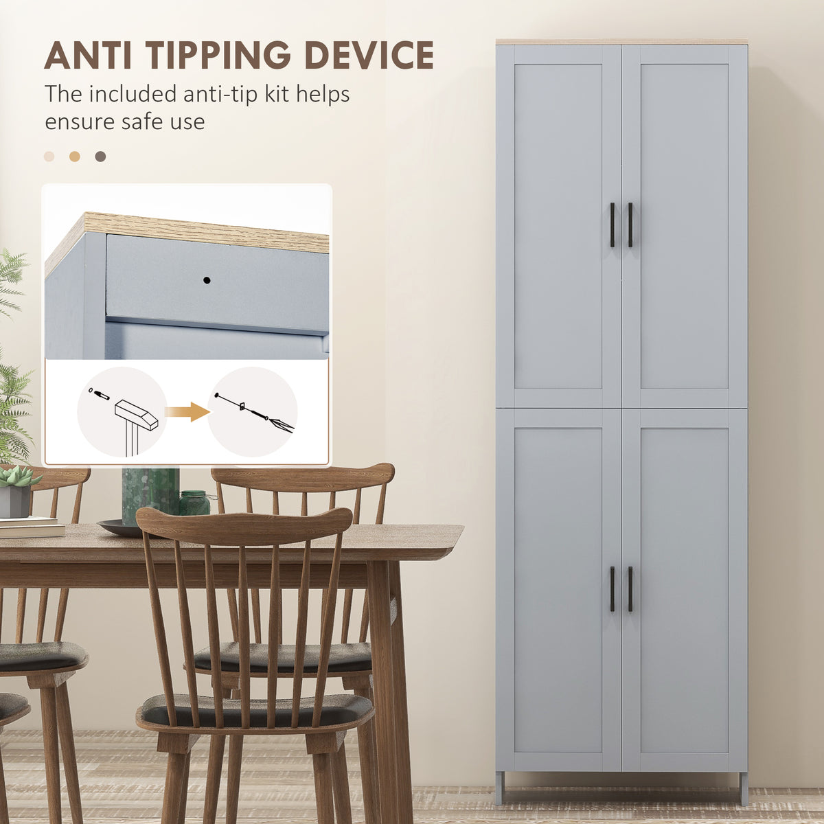 HOMCOM Freestanding Kitchen Cupboard, 4-Door Storage Cabinet with Adjustable Shelves, Modern Kitchen Pantry for Dining Room, 170cm, Grey