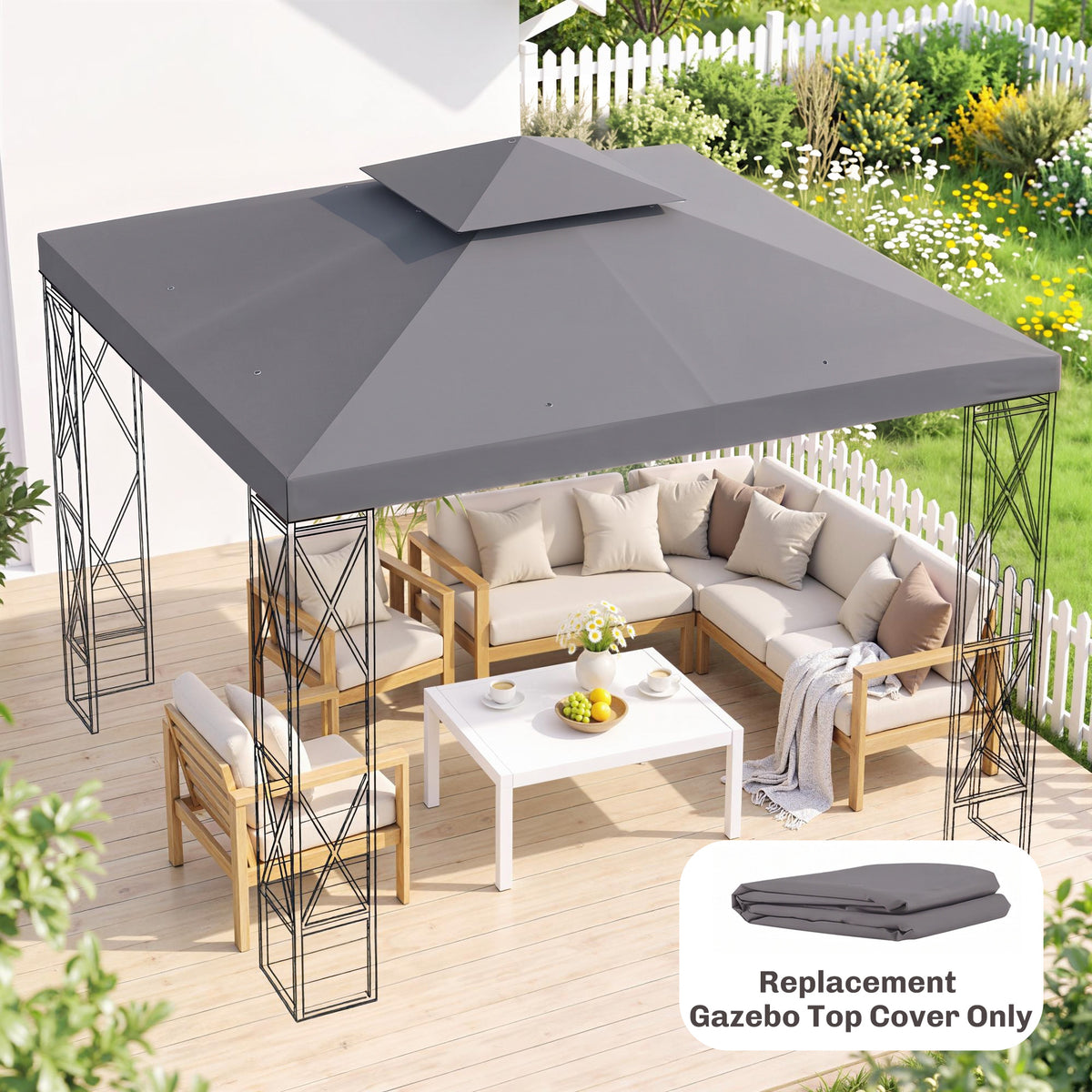 Deep gray two-tier gazebo replacement canopy top shown above patio seating