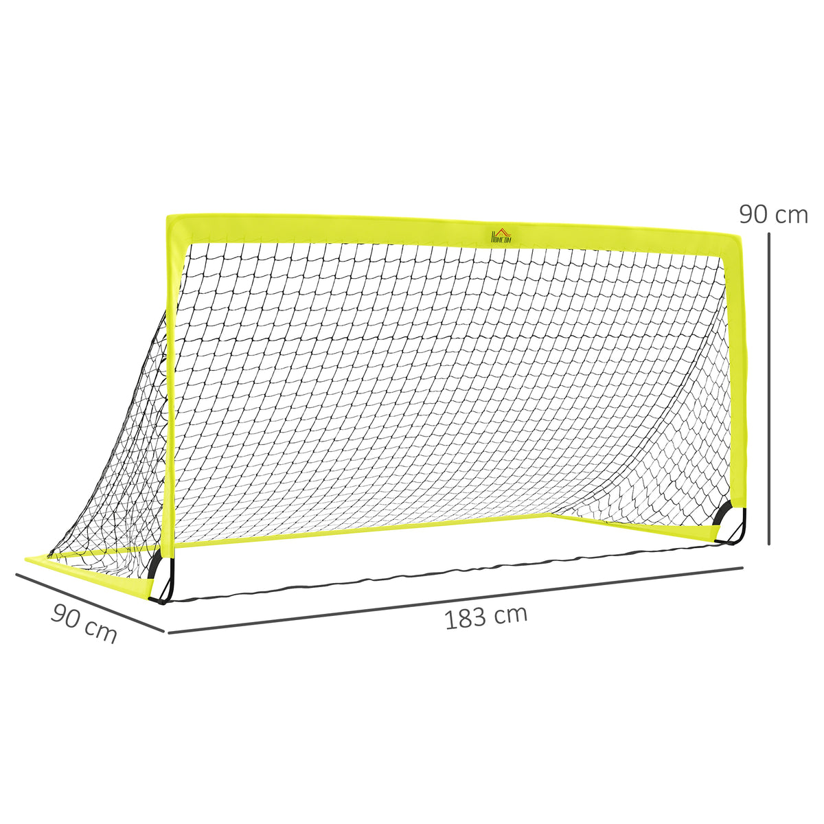 Football goal with yellow frame and black net, measuring 183 by 90 by 90 cm